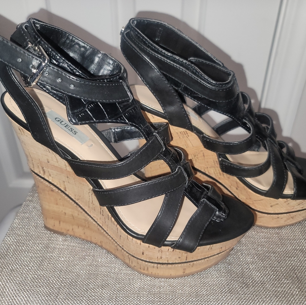 Guess Platform Leather Wedges Black